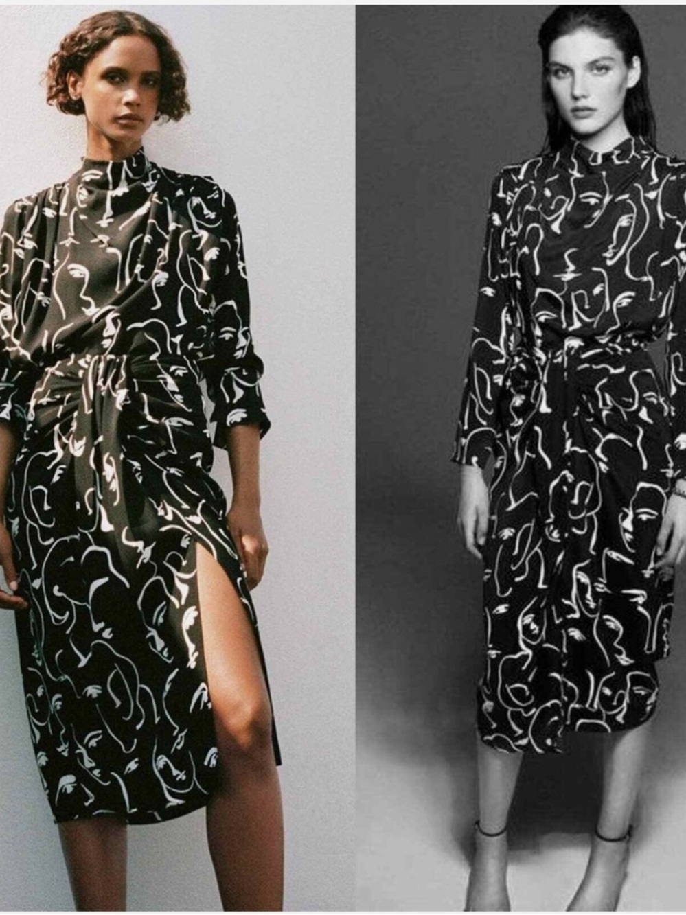 Zara Black Midi Skirt with White Abstract Line Print